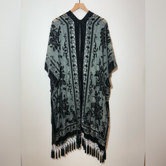 Free People Nightbird Velvet Fringe Kimono Duster Green One Size - Picture 5 of 9